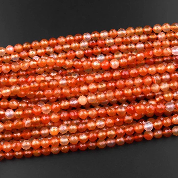 Carnelian Orange-Red 4mm Faceted Round Bead Strand - AAA Grade
