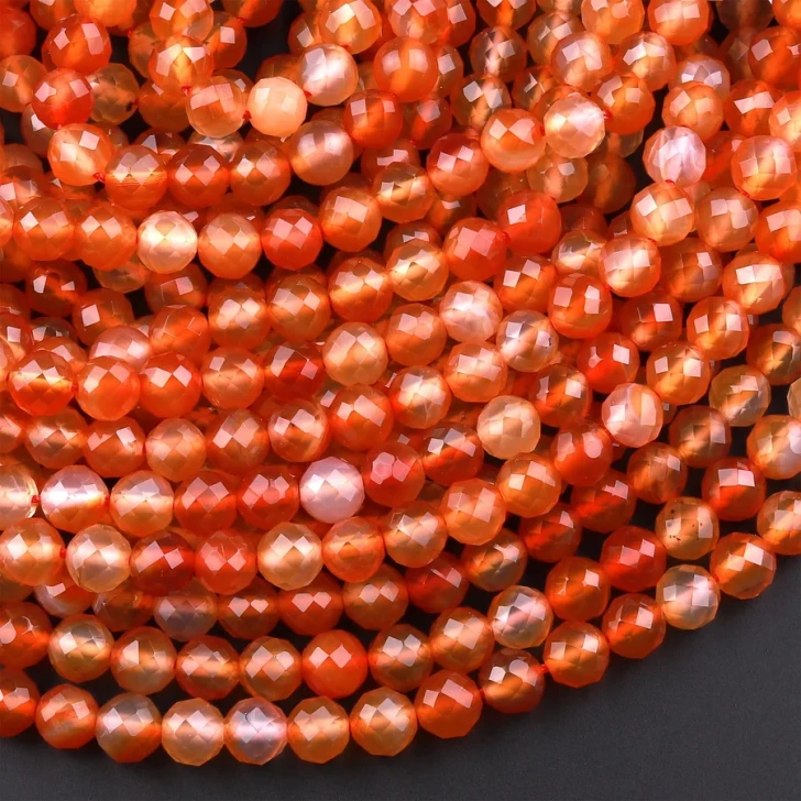 Carnelian Orange-Red 6mm Faceted Round Bead Strand - AAA Grade