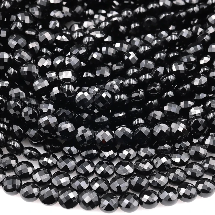 Black Onyx 6mm Faceted Coin Bead Strand - AAA Grade