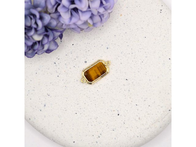 Natural Tiger Eye Faceted Rectangle Connector Charm with Gold-Tone Brass, 23 x 11mm