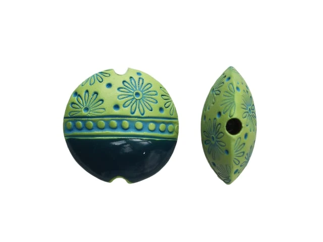 Golem Design Studio 23mm Lentil Ceramic Bead - Blue Flowers & Dots