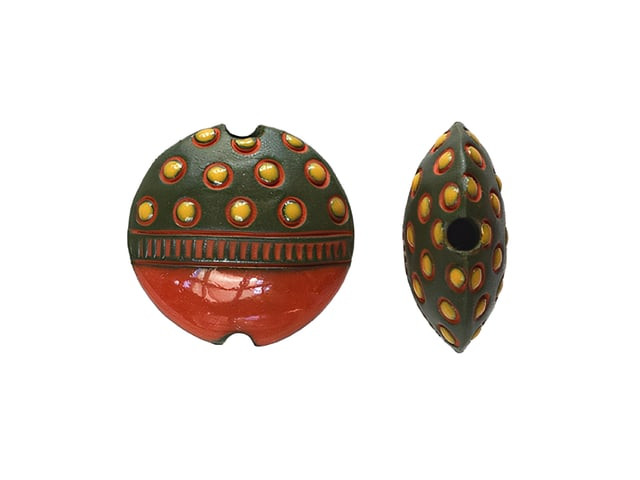 Golem Design Studio 23mm Lentil Ceramic Bead - Yellow Circles on Dark Green