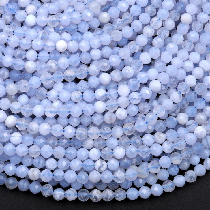 Natural Blue Lace Agate 4mm Micro-Faceted Round Bead Strand