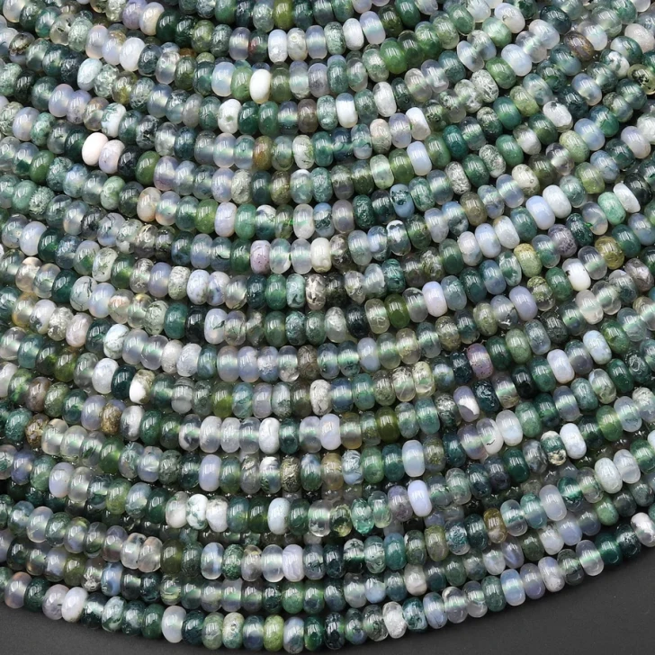 Natural Green Moss Agate 4mm Smooth Rondelle Bead Strand