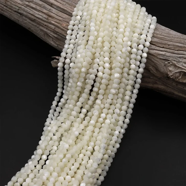 Natural Mother of Pearl 3mm Faceted Round Bead Strand - AAA Grade