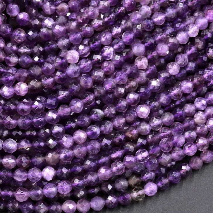 Natural Amethyst 2mm Micro-Faceted Round Bead Strand - AAA Grade