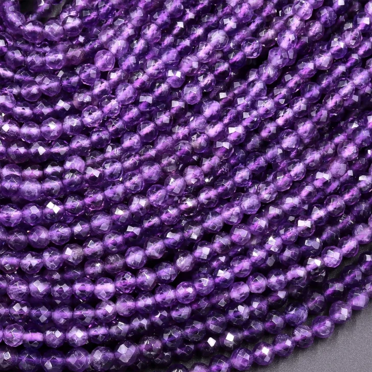 Natural Amethyst 3mm Micro-Faceted Round Bead Strand - AAA Grade
