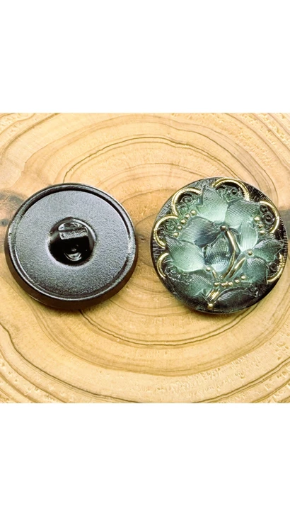 Czech Glass 27mm Round Teal Flowers with Gold Paint Glass Button by Raven's Journey