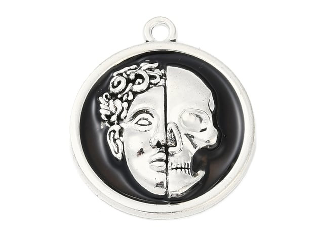 Antique Silver and Black Double-Sided Skull Pendant 28x24.5mm