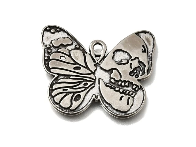 Antique Silver Butterfly and Skull Pendant 27.5x23mm