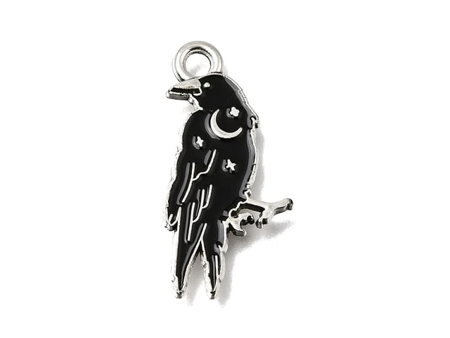 Antique Silver Crow Enamel Pendant 25x12mm