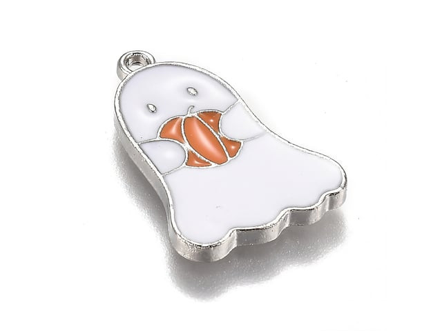 Platinum-Finish White Ghost with Pumpkin Enamel Charm 22x15mm