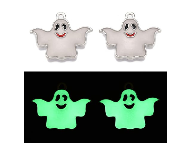 Platinum-Finish Glow-in-the-Dark Ghost Enamel Charm 23.5x19.5mm
