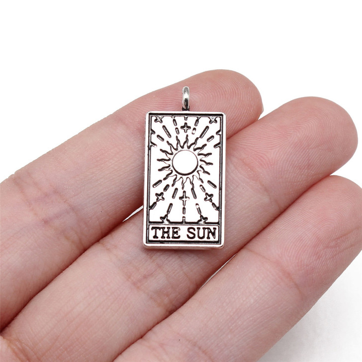 Antique Silver Tibetan-Style Rectangle Tarot Pendant - The Sun 26x13mm (1 Piece)