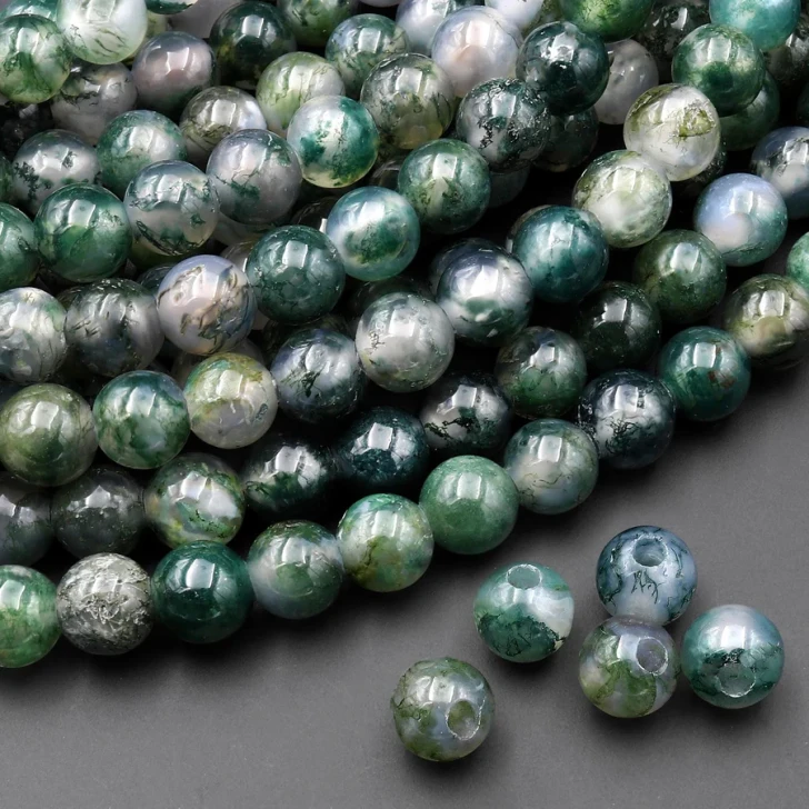Natural Green Moss Agate 8mm Large Hole Round Bead Strand - AAA Grade