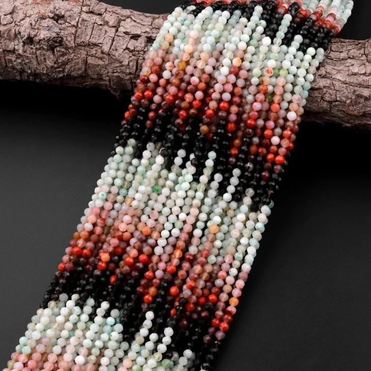 Natural Gemstone 3mm Micro-Faceted Round Bead Strand - Ember Frost Mix