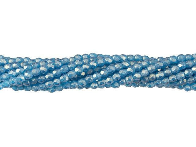 Czech Glass 2mm Sueded Gold Capri Blue Fire-Polish Bead Strand by Starman
