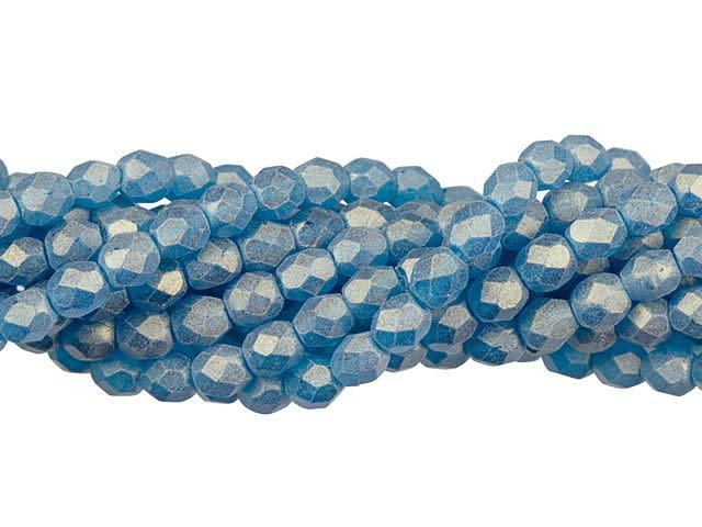Czech Glass 4mm Sueded Gold Capri Blue Fire-Polish Bead Strand by Starman