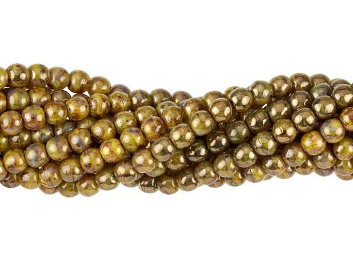 Czech Glass 4mm Yellow Coral Bronze Picasso Round Bead Strand by Starman