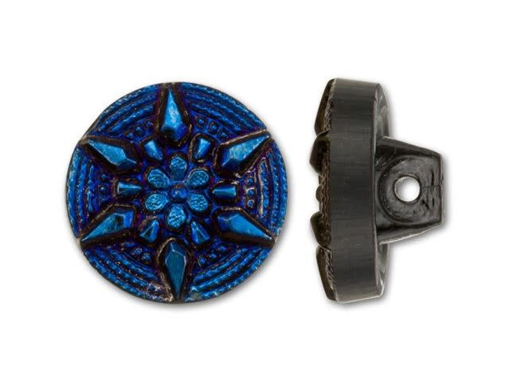 Czech Glass Dark Blue Iris Dotted Spiral and Arrows Design Round Button by Raven's Journey