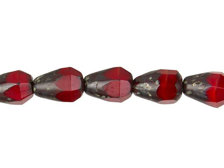 Czech Glass Opaque Red with Patina Bottom Cut Teardrop Bead Strand by Raven's Journey
