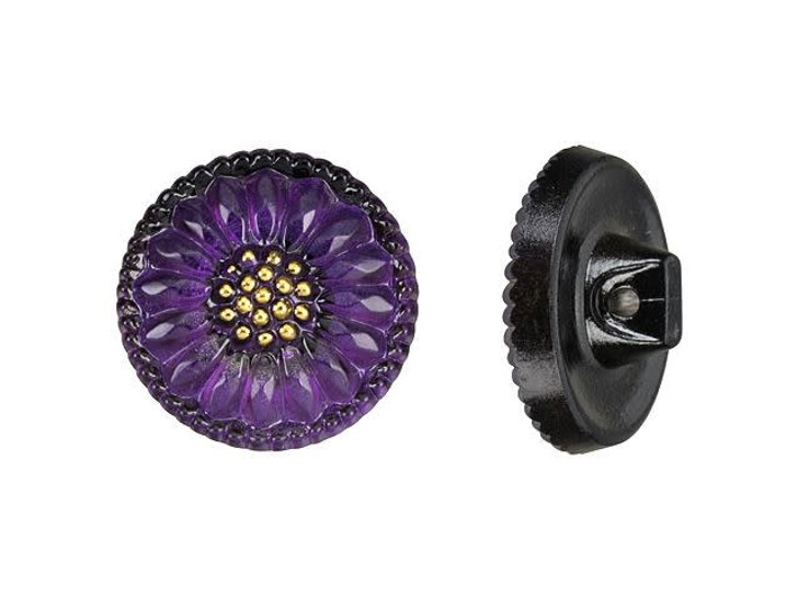 Czech Glass Purple with Gold Daisy Design Round Button by Raven's Journey