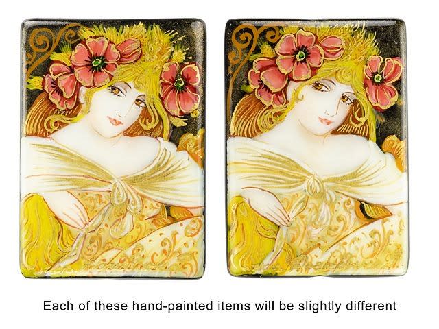 Hand Painted Biscuits Lefevre Utile By Mucha On Black Agate Rectangle Bead