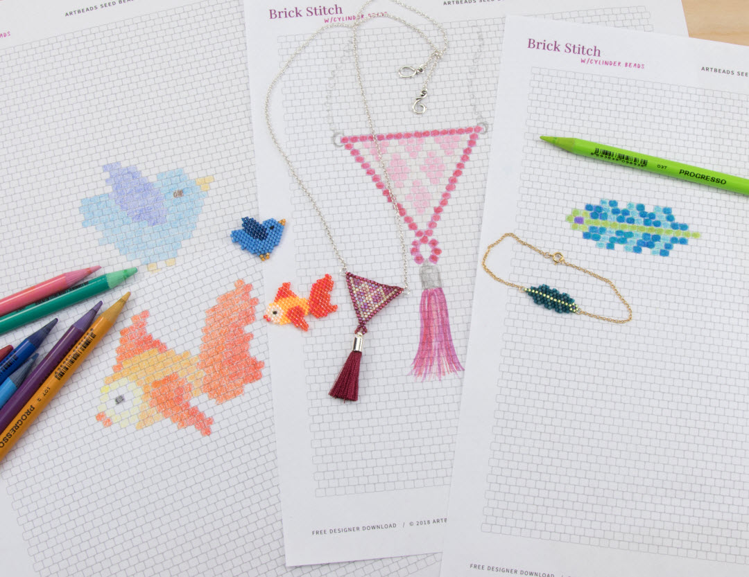 Brick Stitch Designs from Cheri and Cynthia, sketched out on our Printable Seed Bead Graph Paper