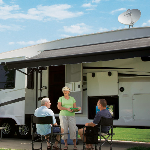 Shaw Direct HD Trav'ler feed arm and reflector installed on SK-7003 base on RV roof with people watching tv outside