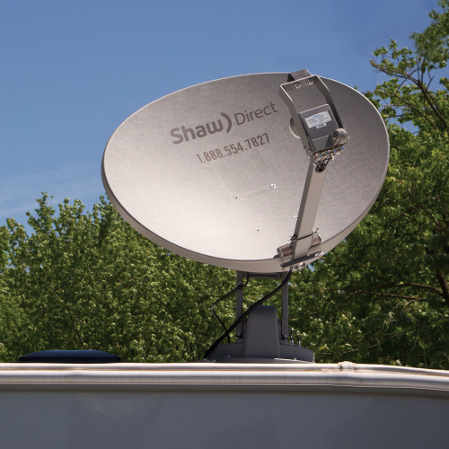 Shaw Direct HD Trav'ler feed arm and reflector installed on SK-7003 base on RV roof