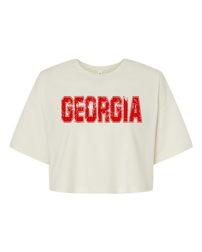 Trenz Shirt Company Womens Georgia Football Team Color Red and Black Distressed Georgia State Name Bulldogs Jersey Crop Tee