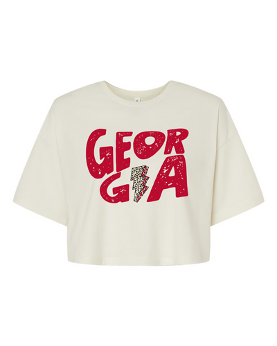 Trenz Shirt Company Womens Tee Georgia Team Color Red and Black Football Leopard Lightning Bolt Jersey Crop Tee