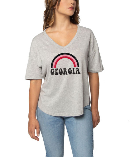 Chicka-d Women's Apparel Georgia Red, Pink, & Black Rainbow V-Happy Short Sleeve Jersey T-Shirt
