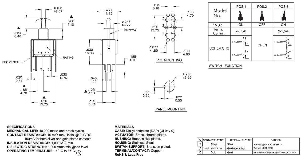 DPDT Toggle Switch ON/OFF/ON - Tall PCB Pin