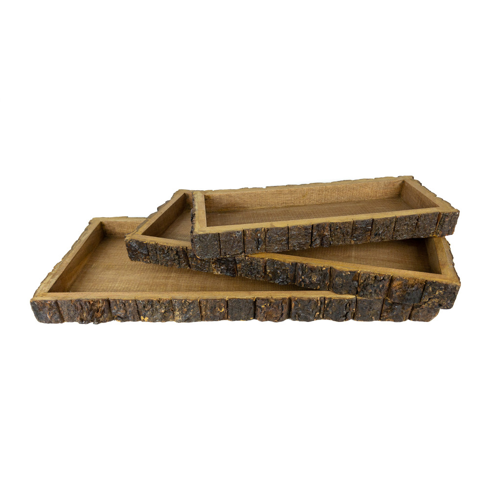 WOOD BARK TRAYS - RECTANGULAR - SET OF 3