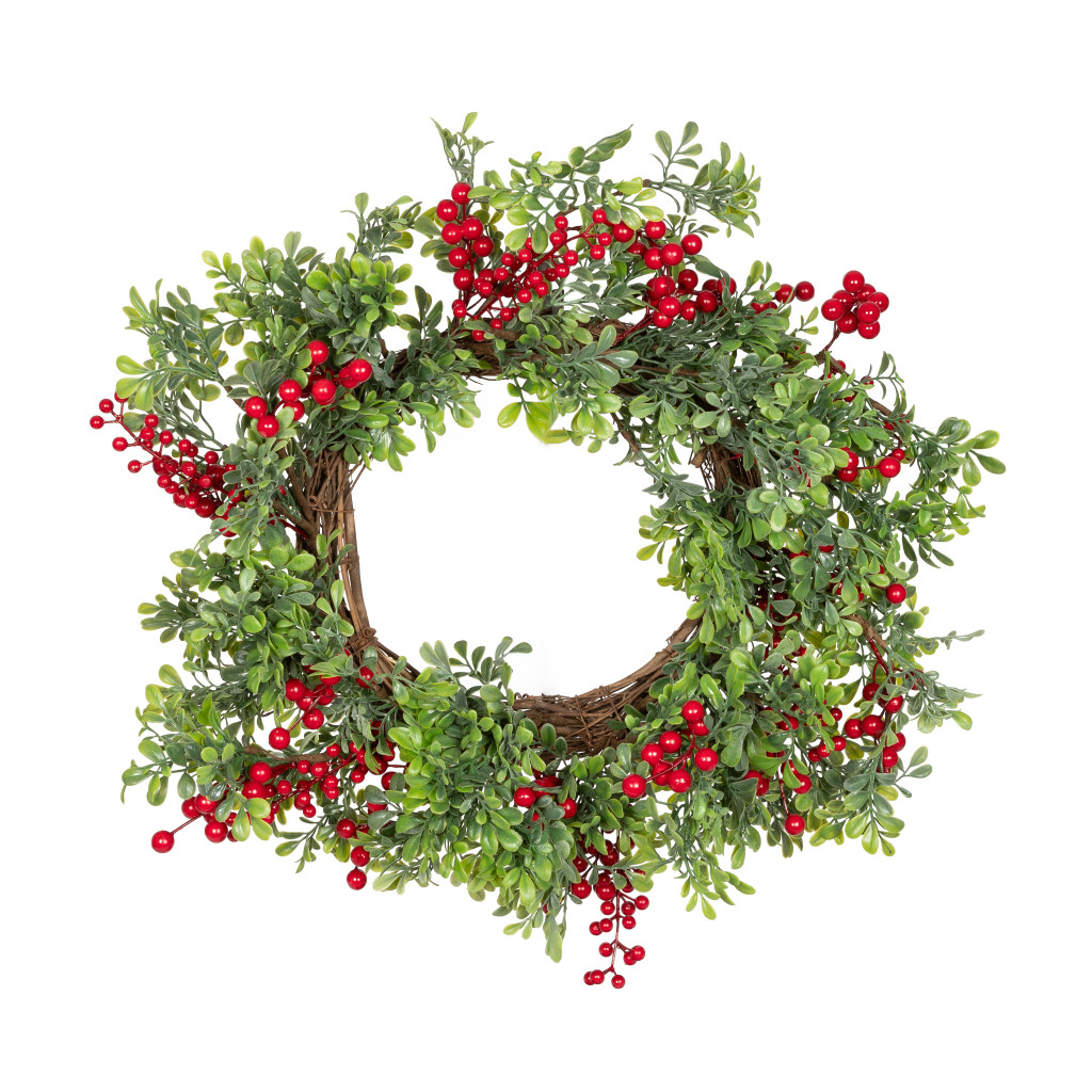 RED BERRY AND BOXWOOD WREATH - 20 INCH