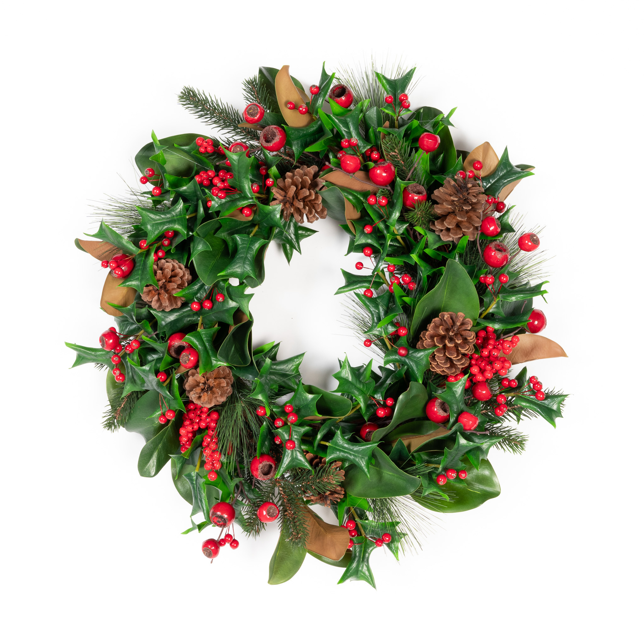MAGNOLIA & RED BERRY WREATH - 24 INCH - Mills Floral Company