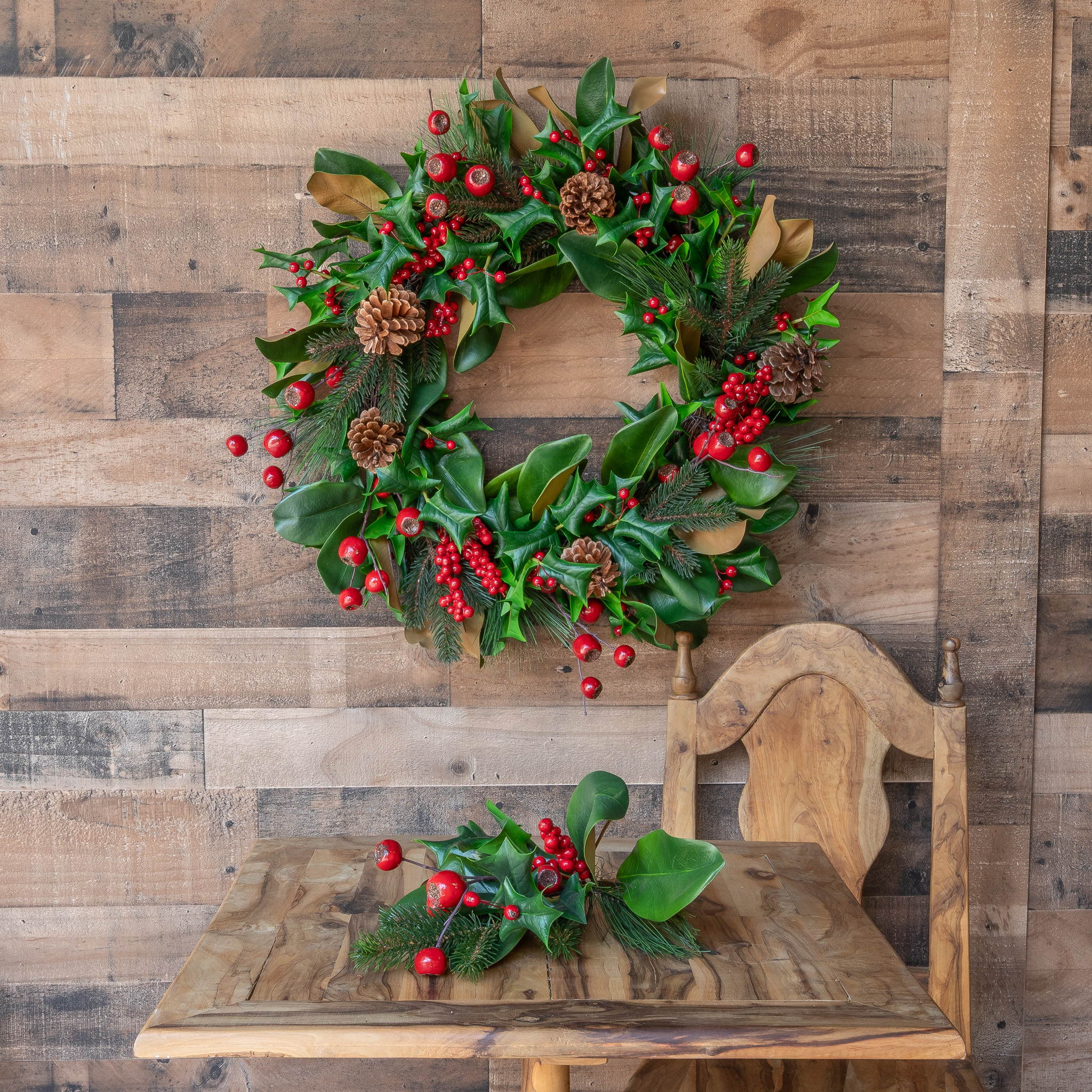 MAGNOLIA & RED BERRY WREATH - 24 INCH - Mills Floral Company