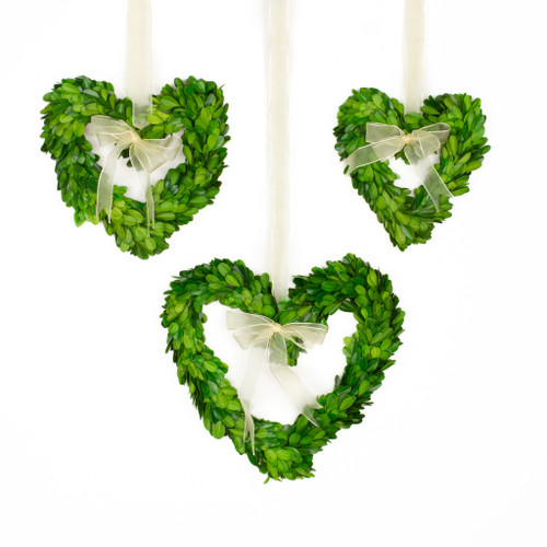 PRESERVED BOXWOOD WREATH - HEARTS WITH RIBBON - 3 PIECE SET