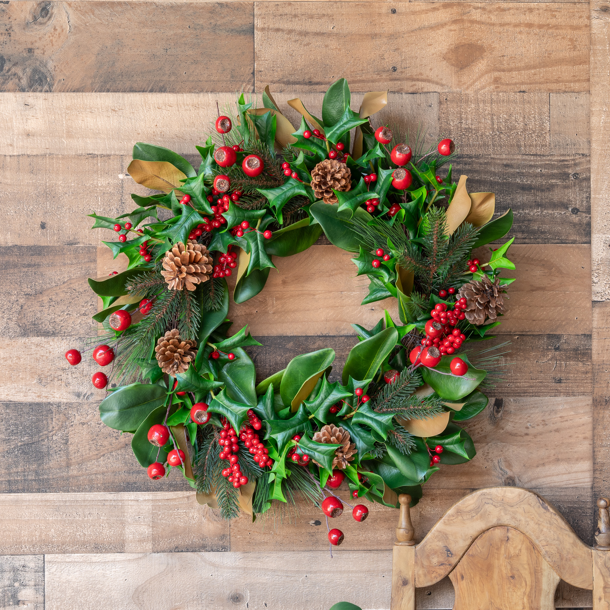 MAGNOLIA & RED BERRY WREATH - 24 INCH - Mills Floral Company