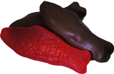Chocolate Covered Red Swedish Fish – Half Nuts