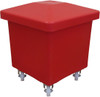 RB0003R - A tapered square polyethylene cube truck that is red in colour, features four swivel casters and is fitted with a red lid