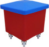 RB0003R - A tapered square polyethylene cube truck that is red in colour, features four swivel casters and is fitted with a blue lid