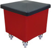 RB0003R - A tapered square polyethylene cube truck that is red in colour, features four swivel casters and is fitted with a black lid