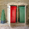 Chatburn Double Wheelie Bin Store Situated on Wooden Decking with Doors Open Revealing Red & Green Wheelie Bin