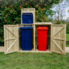 Shireburn Double Wheelie Bin Store - Situated in Garden with Both Doors Open Revealing Blue and Red Bin - Blue Bin Lid Open with Store Lid