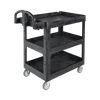 Rear of the Rubbermaid BRUTE Heavy‑Duty 3‑Shelf Utility Cart with ergonomic handles designed for safe, comfortable and controlled manoeuvring