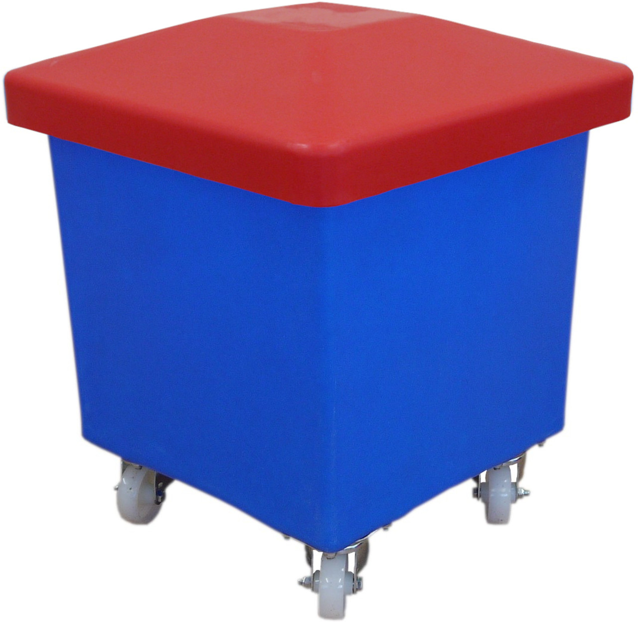 RB0003B - A tapered square polyethylene cube truck that is blue in colour, features four swivel casters and is fitted with optional red lid