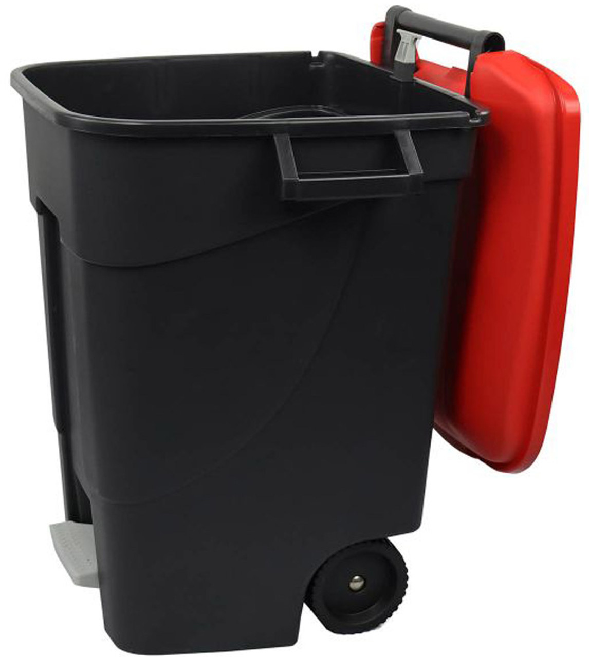 421105 - Wheeled Pedal Bin - 100 Ltr - Black/Red - Lid Open