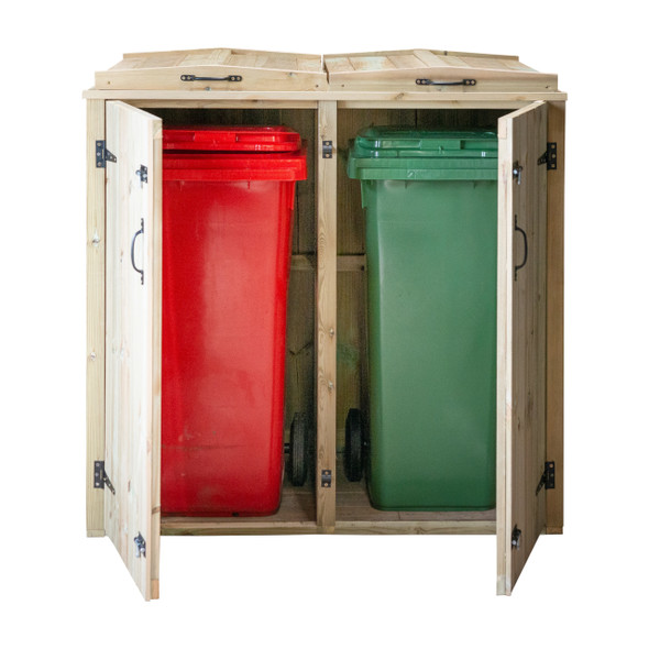 Chatburn Single Wheelie Bin Store with Doors Open Revealing a Red & Green Wheelie Bin